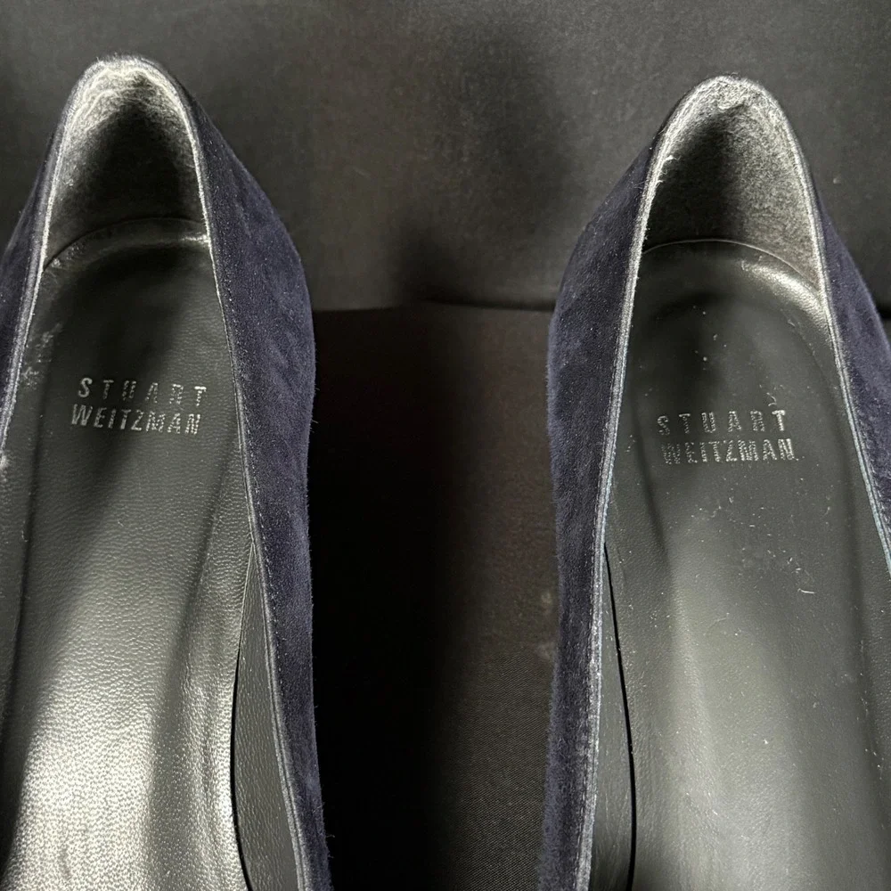 Vintage 90s Stuart Weitzman Navy Suede Square Toe Kitten Heel Loafer Pumps 8.5